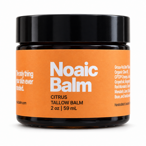Noaic Balm Citrus tallow balm, 2 oz jar with the new label on a white background.