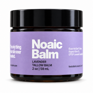 Noaic Balm Lavender tallow balm, 2 oz jar with the new label on a white background.