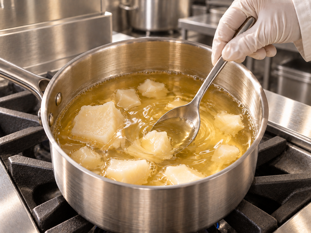 Tallow gently rendering in a stainless steel pot on a commercial kitchen range.