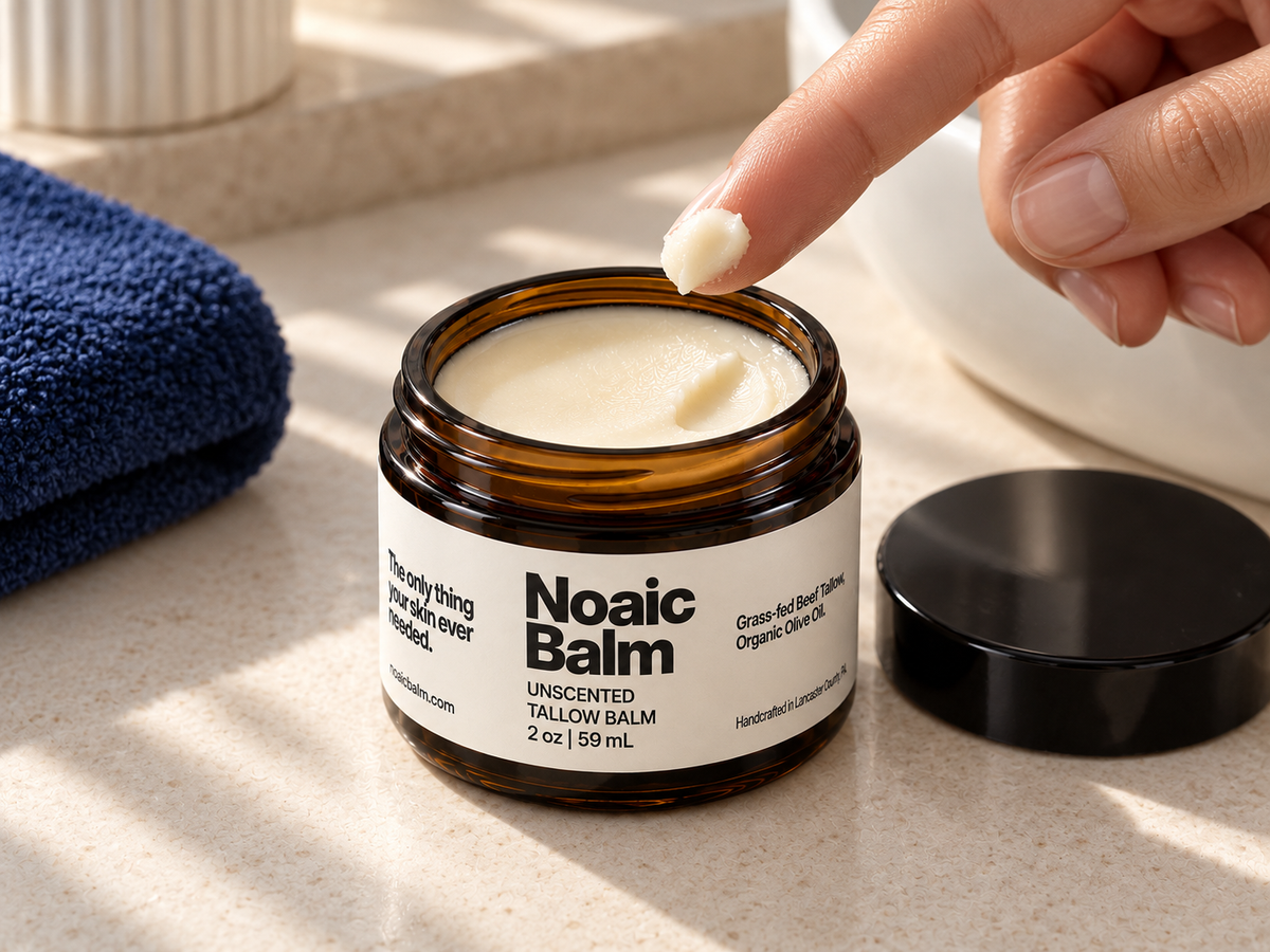 A fingertip lifts a small amount of Noaic Unscented balm, leaving a visible scoop mark in the jar.