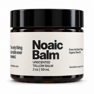 Noaic Balm Unscented tallow balm, 2 oz jar with the new label on a white background.