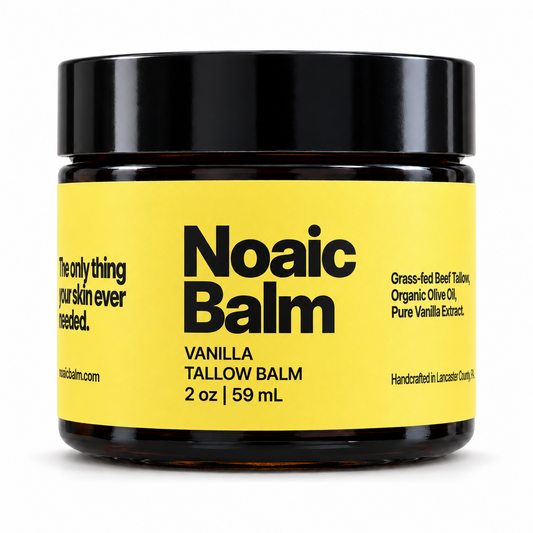 Noaic Balm Vanilla tallow balm, 2 oz jar with the new label on a white background.